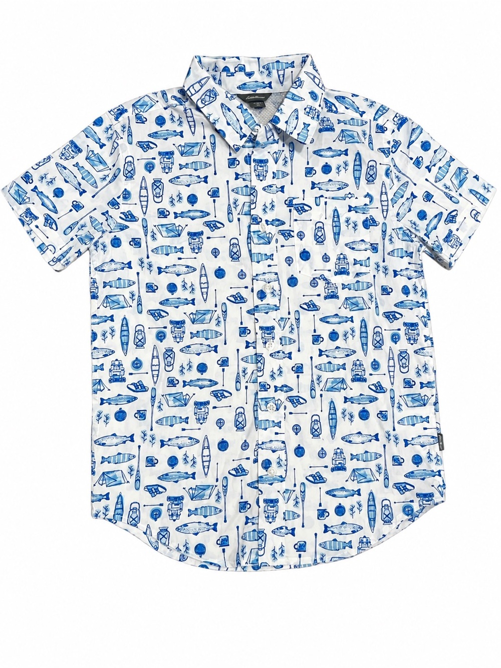 Eddie Bauer White Short-Sleeve Casual Button-Down with Blue Nautical Print